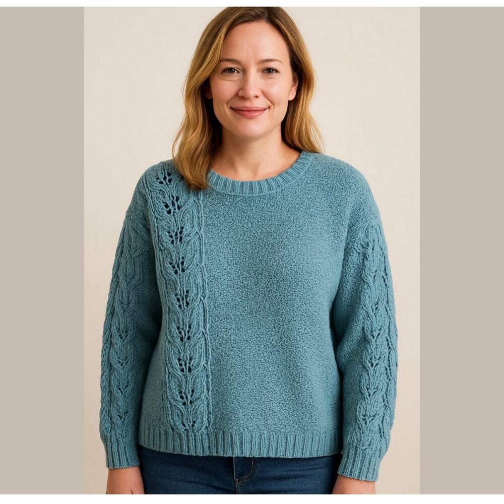 Cotton Handmade Crew Neck Long Sleeves Teal Cable Knit Sweater size Medium